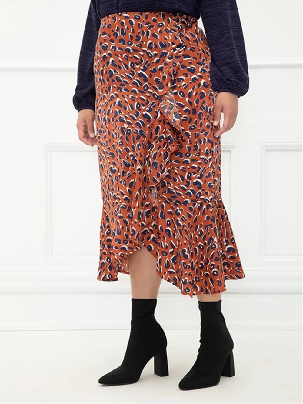 Eloquii Rust Leopard Print Asymmetrical Skirt with Navy Accents
